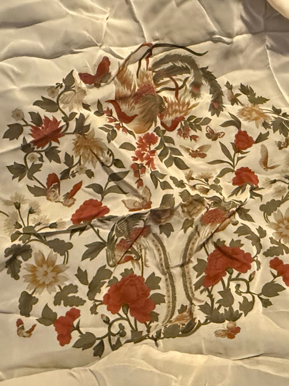 Versace Cream Floral Silk Scarf with Red and Olive Accents